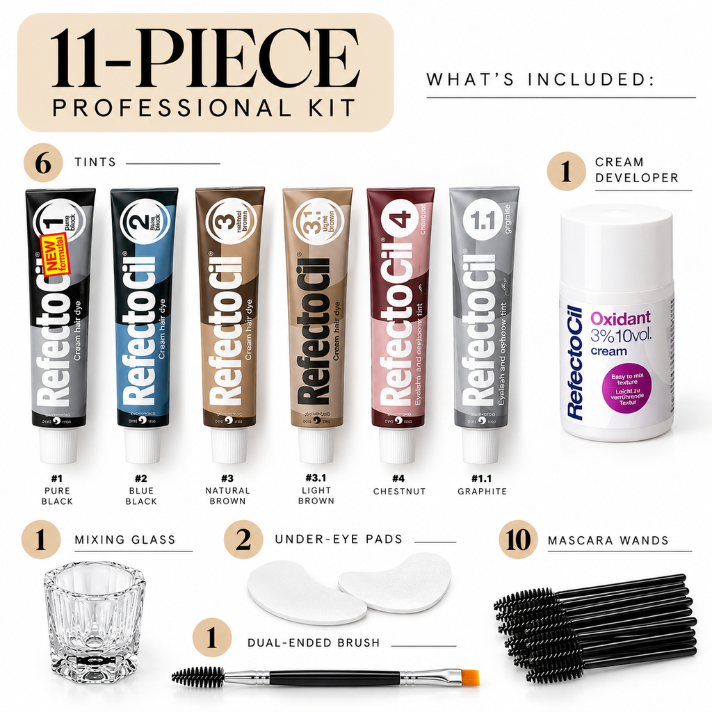 RefectoCil 11-piece professional brow tint kit with 6 tints, cream developer, mixing glass, under-eye pads, dual-ended brush and mascara wands