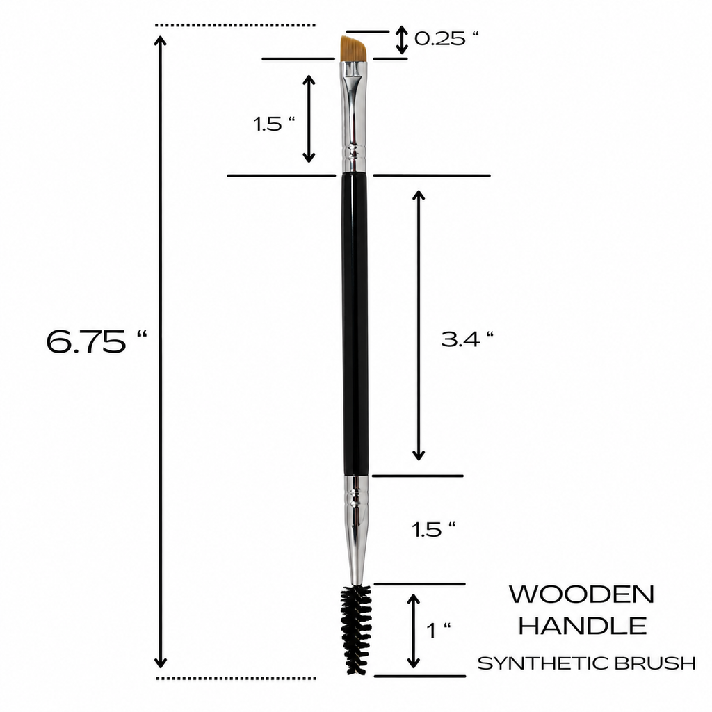 Professional dual-ended tint brush measuring 6.75 inches, featuring angled synthetic bristles, black wooden handle, silver ferrules and spoolie with detailed dimensions.