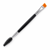 Dual-ended eyebrow tint brush with black handle, silver ferrules, black spoolie and angled orange bristles on a white background