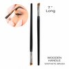 Professional angled tint brush shown in two views, featuring a black wooden handle, silver ferrule, and synthetic bristles on a white background and a model demonstration of tinting application.