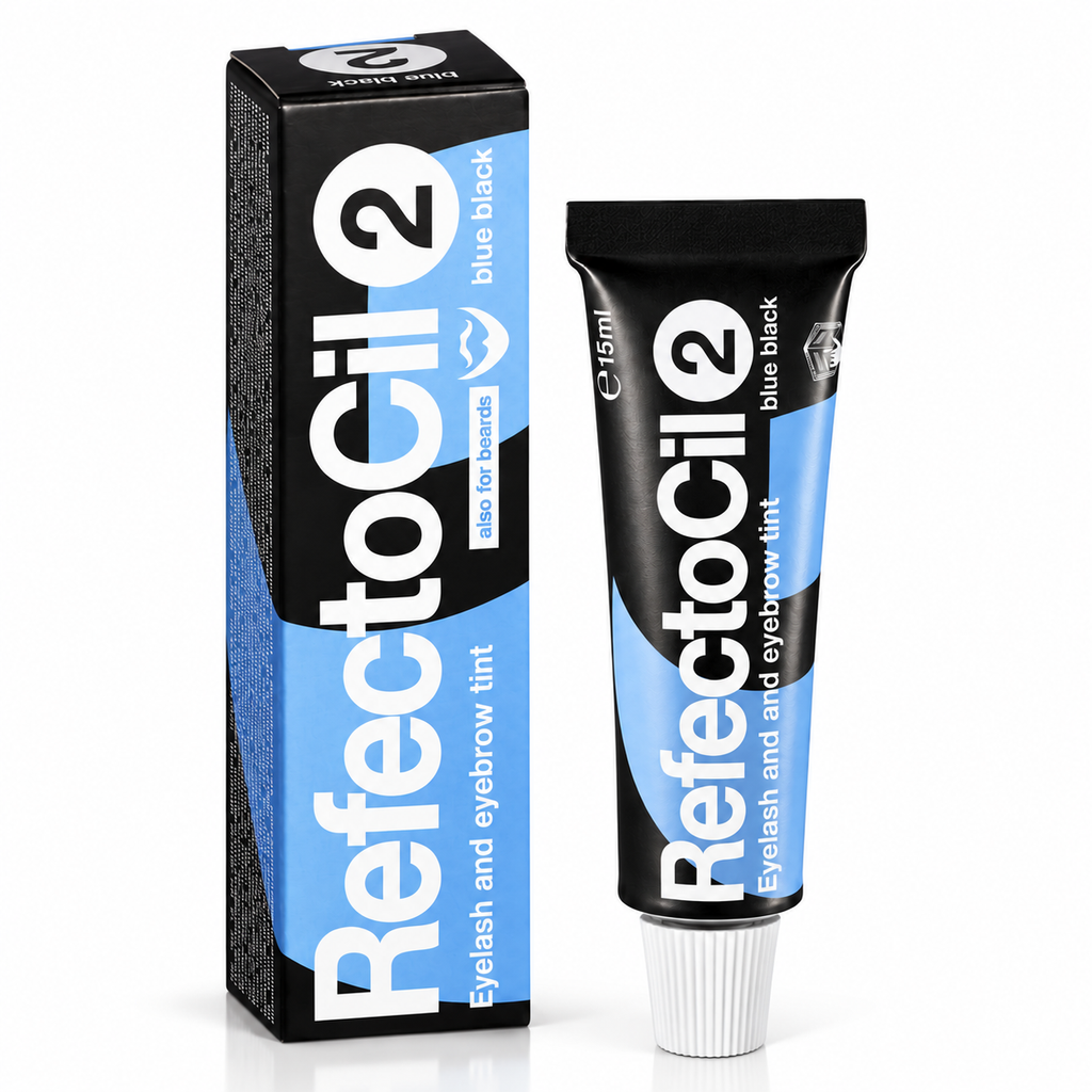 RefectoCil No. 2 Blue Black professional eyebrow and eyelash tint tube and box on a white background