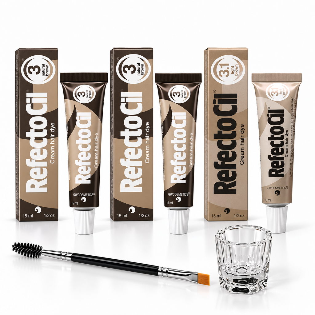 RefectoCil brow tint kit with two No. 3 Natural Brown tints, one No. 3.1 Light Brown tint, clear mixing glass and dual-ended tint brush on a white background