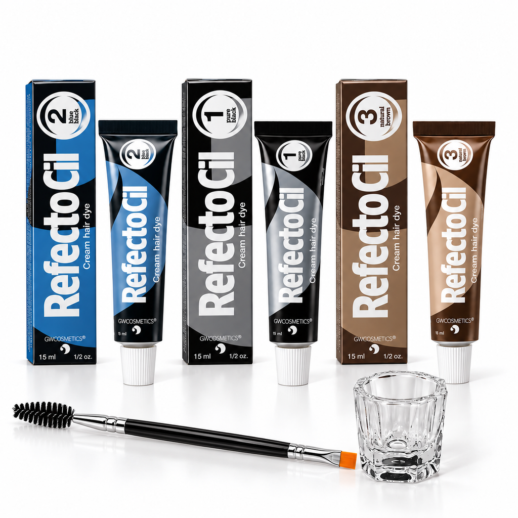 RefectoCil brow tint kit with No. 2 Blue Black, No. 1 Pure Black and No. 3 Natural Brown tints, clear mixing glass and dual-ended tint brush on a white background