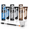 RefectoCil brow tint kit with No. 2 Blue Black, No. 1 Pure Black and No. 3 Natural Brown tints, clear mixing glass and dual-ended tint brush on a white background