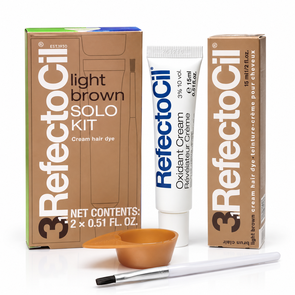 RefectoCil Light Brown 3.1 Solo Kit with cream hair dye, 3% Oxidant Cream, mixing dish and application brush.