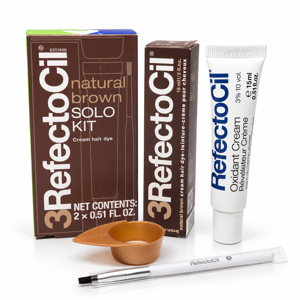RefectoCil Natural Brown 3 Solo Kit with cream hair dye, 3% Oxidant Cream, mixing dish and application brush.