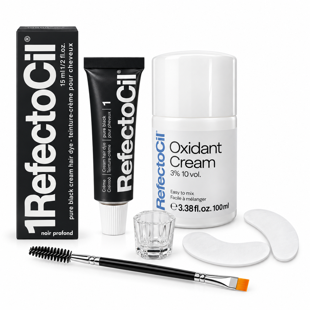 RefectoCil Pure Black No. 1 tint kit with Oxidant Cream 3% 10 Vol., mixing dish, eye pads and dual-ended application brush.