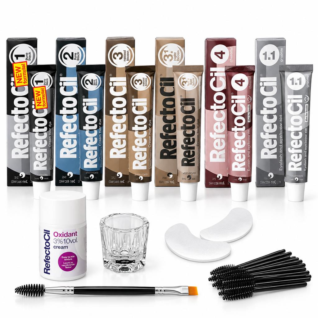 RefectoCil Professional Brow Tint Ultimate Kit 11 Pieces with six tints, cream developer, mixing glass, under-eye pads, tint brush and mascara wands