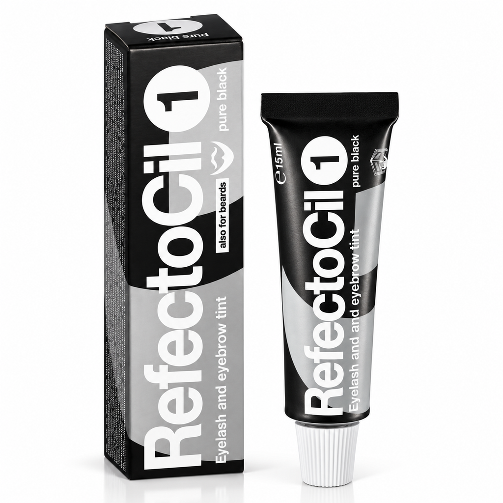 RefectoCil No. 1 Pure Black professional eyebrow and eyelash tint tube and box on a white background