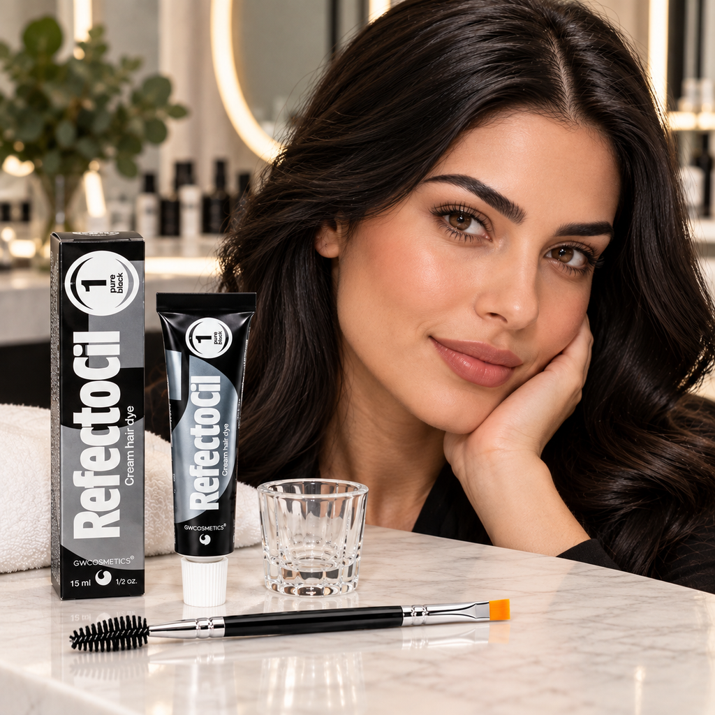 Dark-haired model with professionally defined brows beside RefectoCil No. 1 Pure Black tint, mixing glass and dual-ended brow brush in a salon