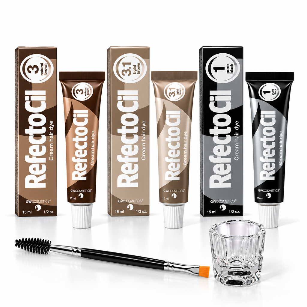 RefectoCil brow tint kit with No. 3 Natural Brown, No. 3.1 Light Brown and No. 1 Pure Black tints, clear mixing glass and dual-ended tint brush on a white background
