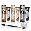 RefectoCil brow tint kit with No. 3 Natural Brown, No. 3.1 Light Brown and No. 1 Pure Black tints, clear mixing glass and dual-ended tint brush on a white background