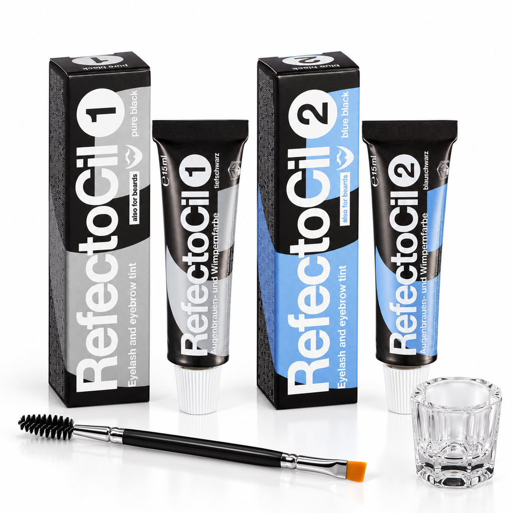 RefectoCil brow tint kit with No. 1 Pure Black and No. 2 Blue Black tint tubes and boxes, clear mixing glass and dual-ended tint brush on a white background