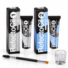 RefectoCil brow tint kit with No. 1 Pure Black and No. 2 Blue Black tint tubes and boxes, clear mixing glass and dual-ended tint brush on a white background