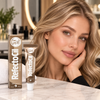 Blonde model with professionally groomed light brown brows beside RefectoCil No. 3.1 Light Brown brow tint tube and box in a professional salon