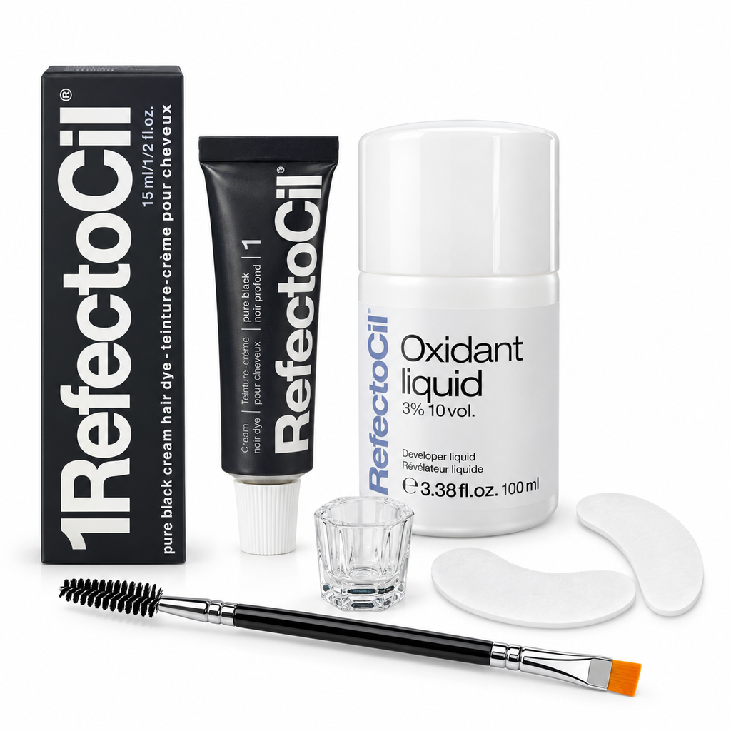 RefectoCil Pure Black No. 1 tint kit with Oxidant Liquid 3% 10 Vol., mixing dish, eye pads and dual-ended application brush.