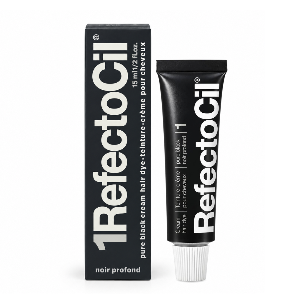 A black tube and matching black box of RefectoCil 1 Noir Profond pure black cream hair dye, shown on a clean white background.