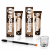 RefectoCil brow tint kit with two No. 3 Natural Brown tint tubes and boxes, clear mixing glass and dual-ended tint brush on a white background