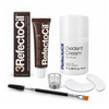 RefectoCil Natural Brown No. 3 Mini Kit with Cream Developer, tinting brush, glass mixing dish and non-woven eye pads on white background