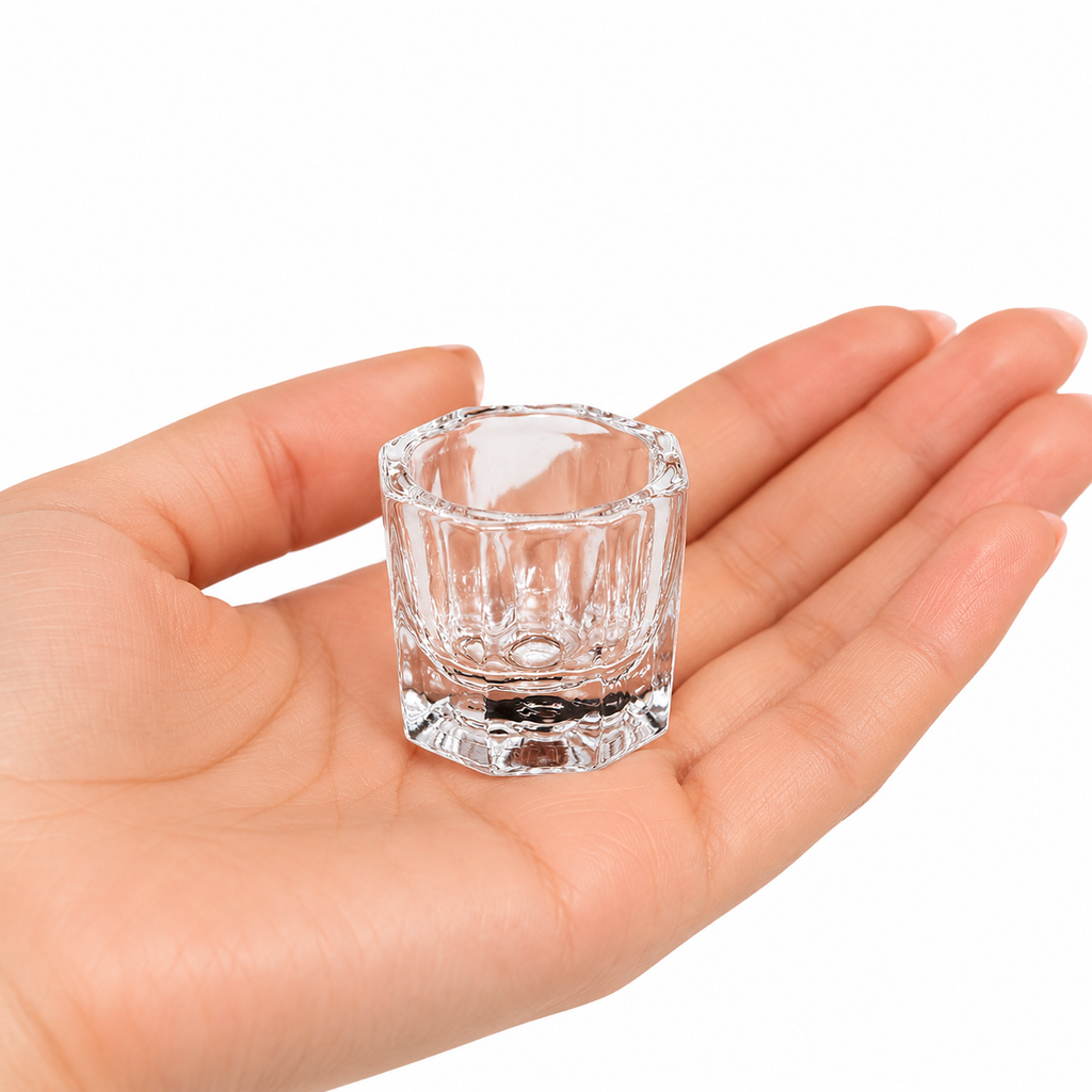 Small clear glass mixing dish for professional lash and brow tinting, held in the palm of a hand on a white background