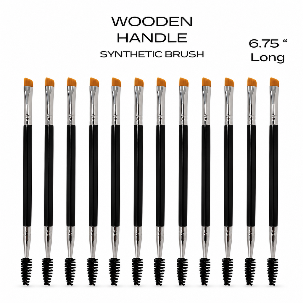 Set of 12 professional dual-ended tint brushes featuring angled synthetic bristles, black wooden handles, silver ferrules and black spoolie ends on white background.