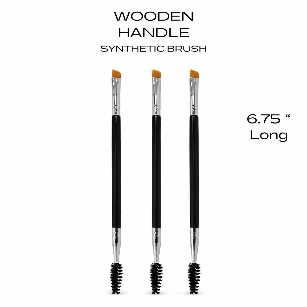 Three professional dual-ended eyebrow and eyelash tint brushes with angled synthetic tips, black wooden handles and spoolie ends on white background.