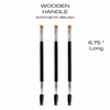 Three professional dual-ended eyebrow and eyelash tint brushes with angled synthetic tips, black wooden handles and spoolie ends on white background.