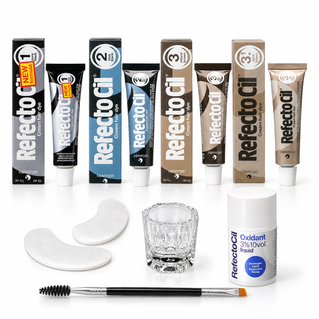 RefectoCil professional brow tint kit with 4 shades, 3% liquid developer and tinting accessories