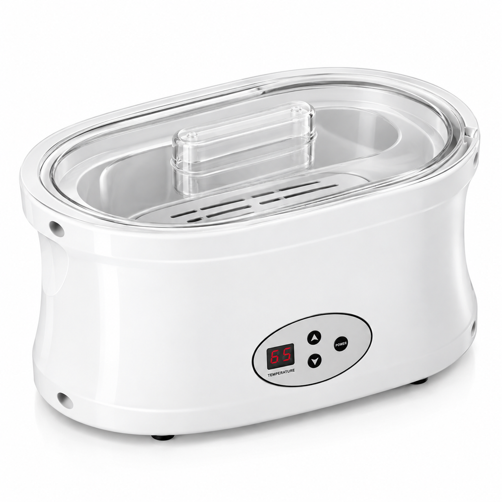 Paraffin wax machine for hands, feet, and elbows with digital display and clear viewing lid