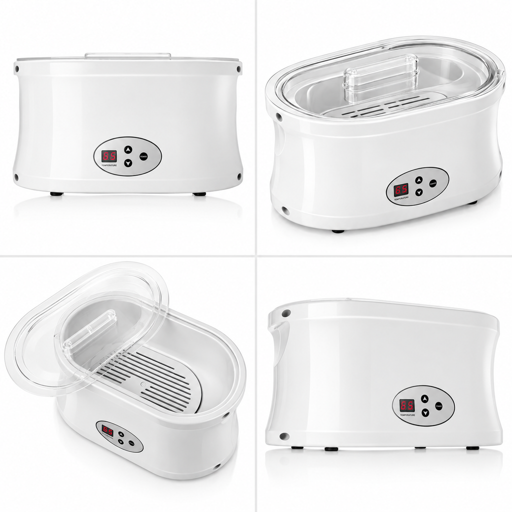 Paraffin wax machine for hands and feet with digital controls, clear lid, and multiple product views