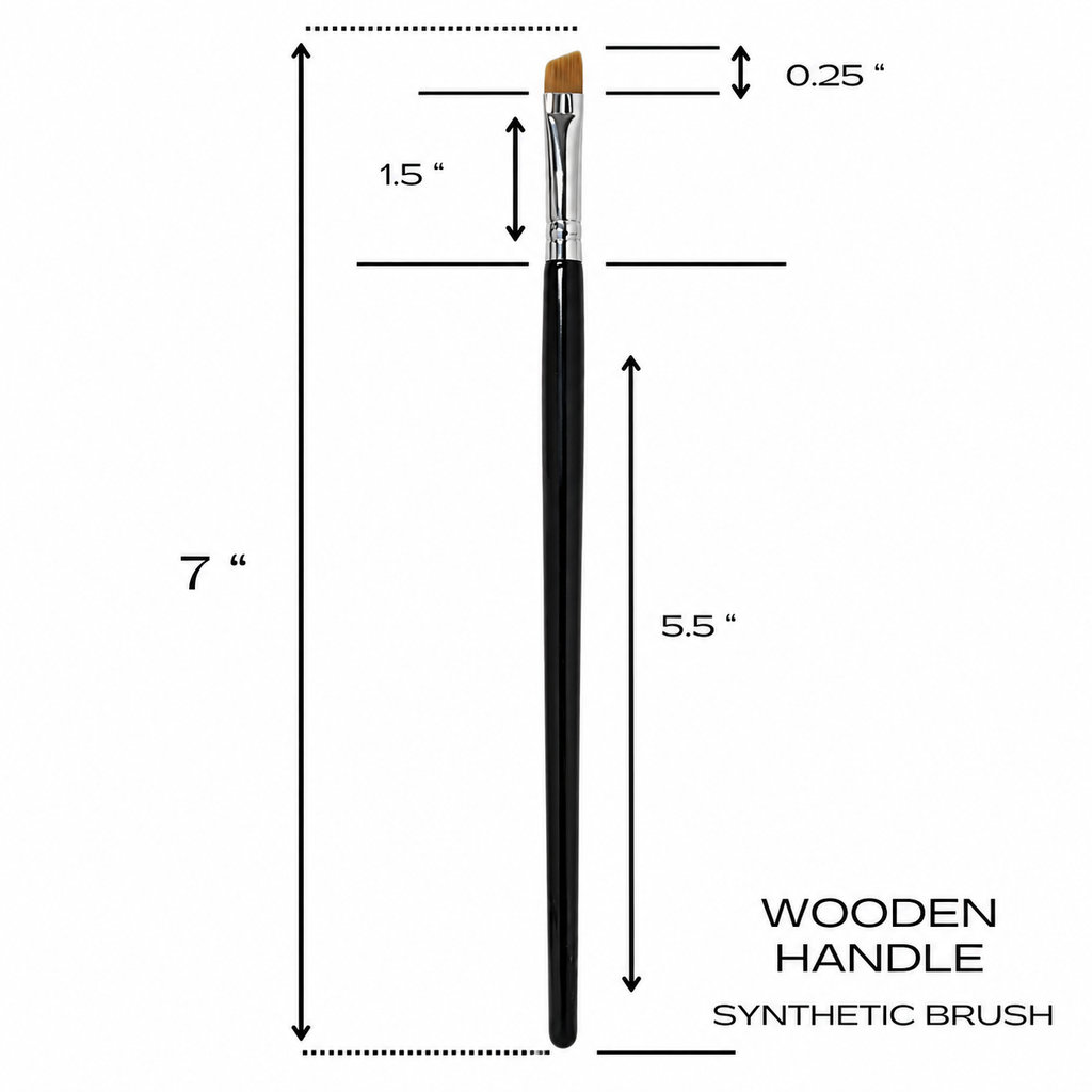 Professional 7-inch angled tint brush with black wooden handle and synthetic bristles, featuring detailed measurements of brush length, ferrule, and bristle width.