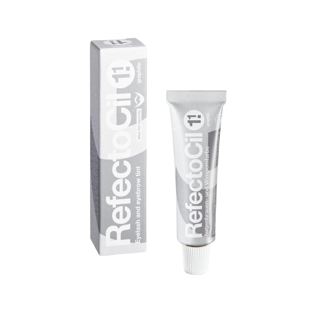 A tube and box of RefectoCil #1.1 Graphite eyebrow and eyelash tint, shown on a plain white background.