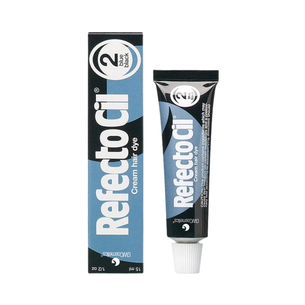 A tube and box of RefectoCil #2 Blue-Black eyebrow and eyelash tint, shown on a plain white background.