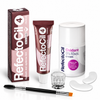 RefectoCil Chestnut No. 4 Professional Cream Hair Dye kit with Oxidant 3% cream developer, clear mixing glass, under-eye pads and dual-ended application brush on a white background