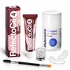 RefectoCil Chestnut No. 4 Professional Cream Hair Dye kit with Oxidant 3% liquid developer, clear mixing glass, under-eye pads and dual-ended application brush on a white background