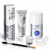 RefectoCil No. 1.1 Graphite brow tint kit with Oxidant 3% liquid developer, under-eye pads, clear mixing glass and dual-ended tint brush on a white background