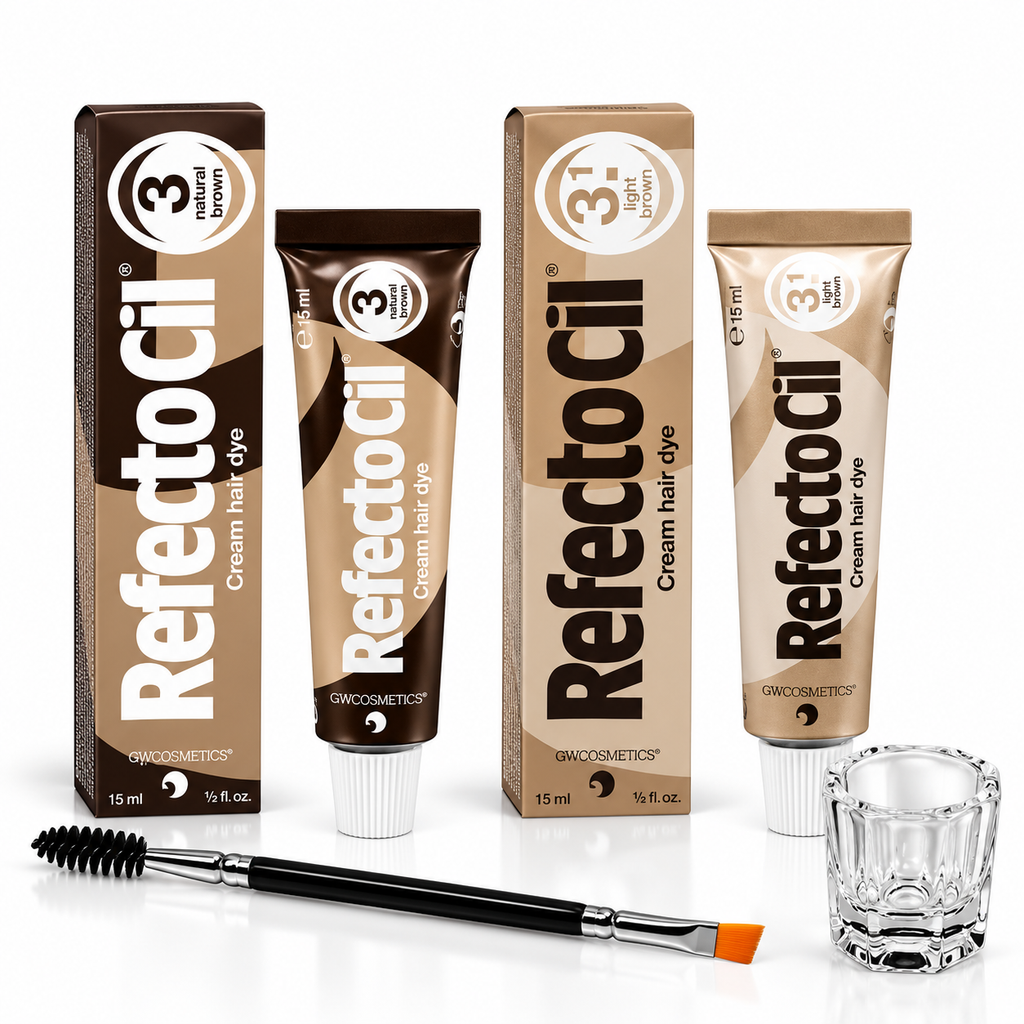 RefectoCil brow tint kit with No. 3 Natural Brown and No. 3.1 Light Brown tint tubes and boxes, clear mixing glass and dual-ended tint brush on a white background