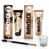 RefectoCil brow tint kit with No. 3 Natural Brown and No. 3.1 Light Brown tint tubes and boxes, clear mixing glass and dual-ended tint brush on a white background