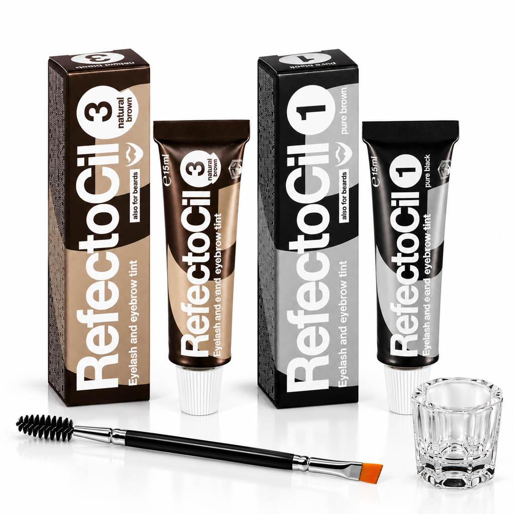 RefectoCil brow tint kit with No. 3 Natural Brown and No. 1 Pure Black tint tubes and boxes, clear mixing glass and dual-ended tint brush on a white background