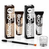 RefectoCil brow tint kit with No. 3 Natural Brown and No. 1 Pure Black tint tubes and boxes, clear mixing glass and dual-ended tint brush on a white background