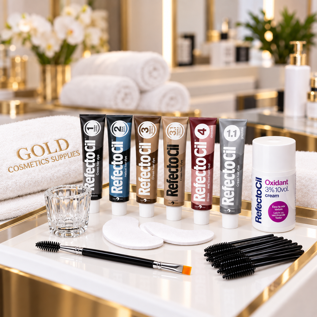 RefectoCil Professional Cream Hair Dye shades with Oxidant 3% cream developer, mixing glass, under-eye pads, dual-ended brush and mascara wands in a professional salon setting