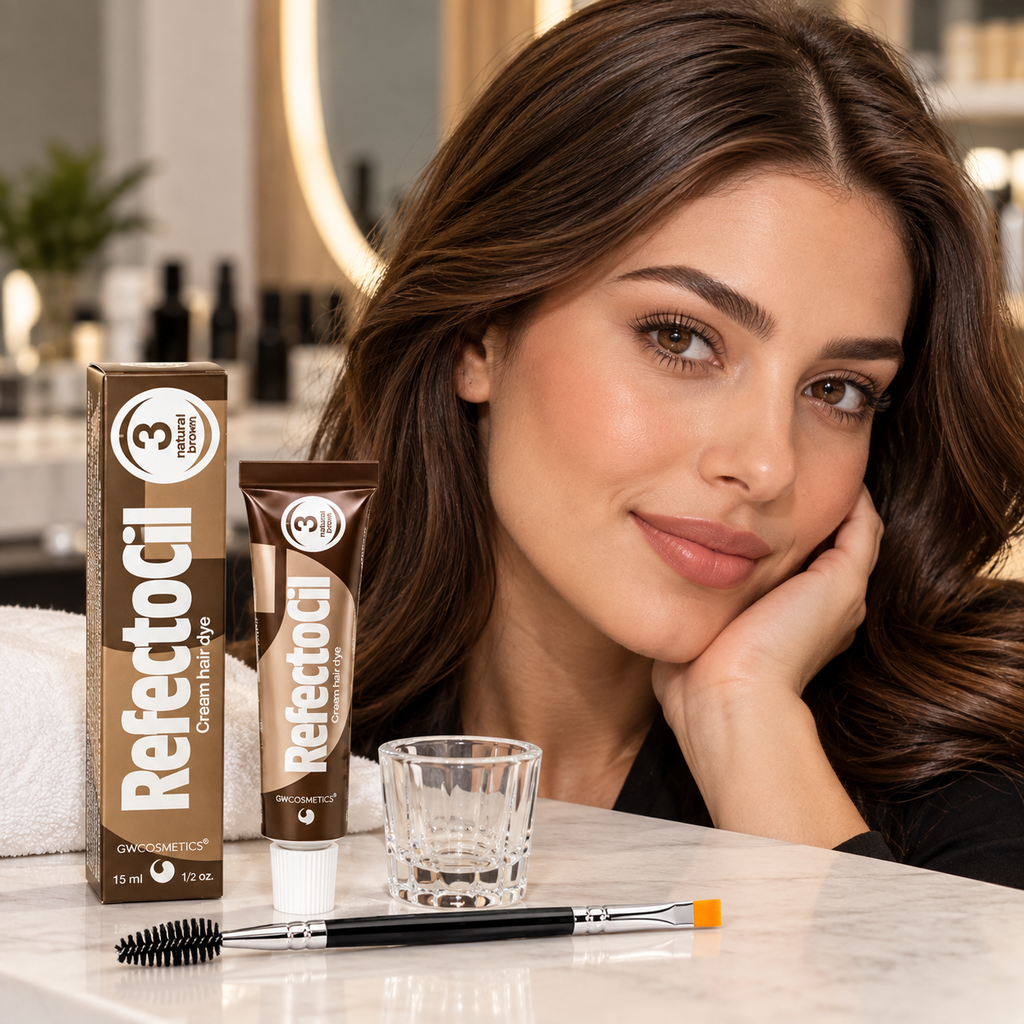 Brunette model with professionally defined natural brown brows beside RefectoCil No. 3 Natural Brown tint, mixing glass and dual-ended brow brush in a salon