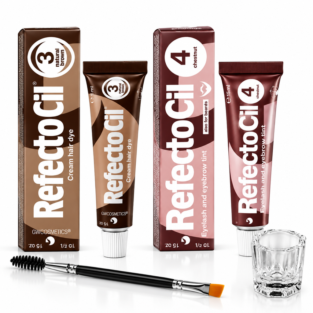 RefectoCil brow tint kit with No. 3 Natural Brown and No. 4 Chestnut tint tubes and boxes, clear mixing glass and dual-ended tint brush on a white background