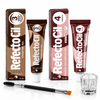 RefectoCil brow tint kit with No. 3 Natural Brown and No. 4 Chestnut tint tubes and boxes, clear mixing glass and dual-ended tint brush on a white background
